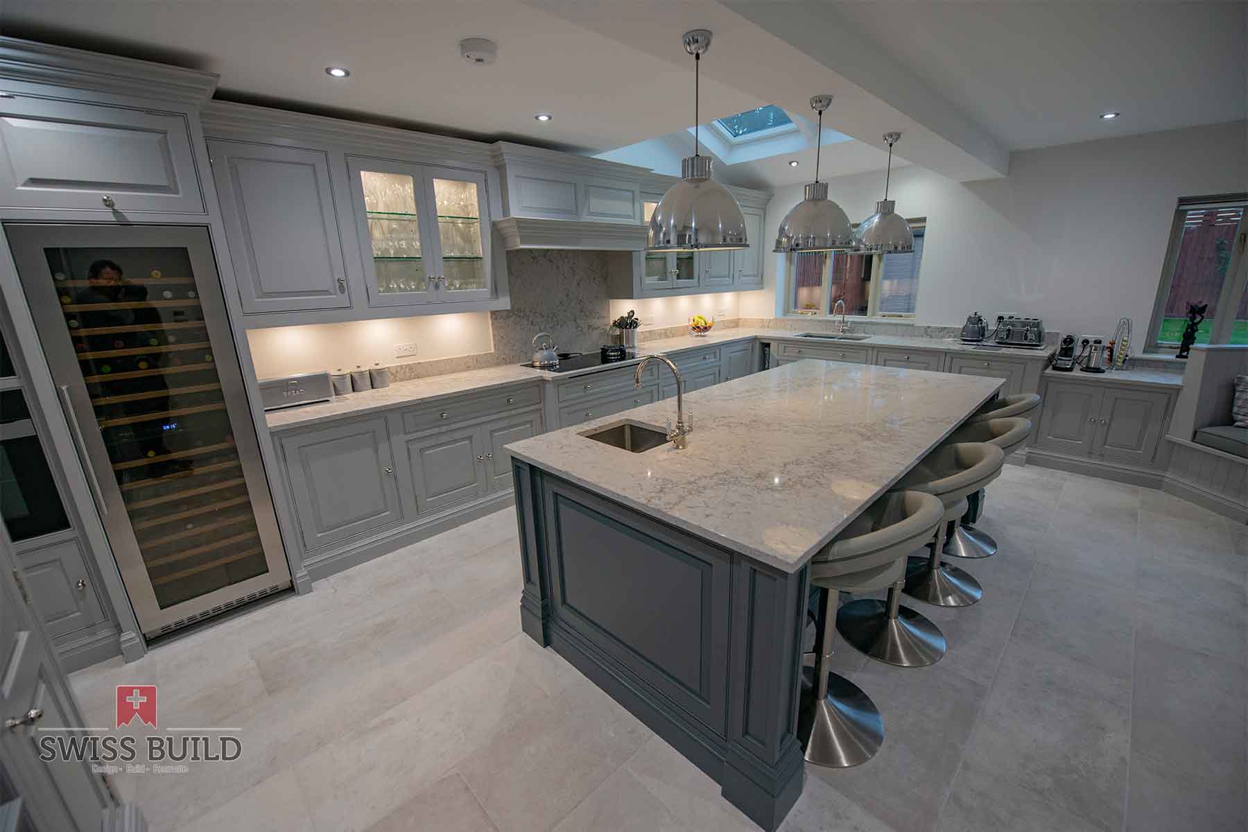 Kitchen with an island and rooflights from Swiss Build’s Rushden kitchen extension project